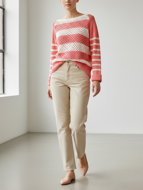 Ricki's Sweaters - Ricki’s Sweater Lightweight Cotton Open Weave Coral Orange Stripes Size Small